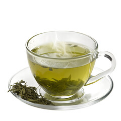 A cup of green tea with steam isolated on transparent background, a healthy and refreshing beverage for relaxation and wellness