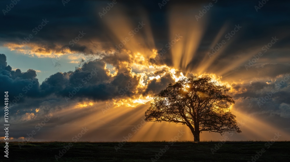 Poster vibrant sunlight streams through dark clouds, casting rays that highlight a solitary tree in an open