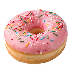 Delicious pink frosted donut with colorful sprinkles isolated on transparent background is a sweet treat for any occasion
