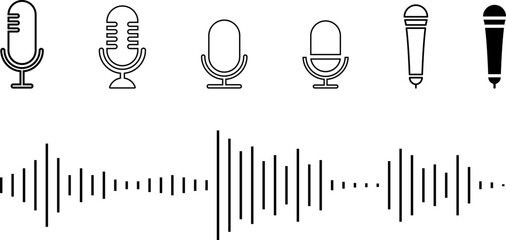 Podcast sound waves collection. Voice message for social media app. Equalizer template, voice microphone signals, sound wave. Music, podcast, broadcast, UI, audio branding design. Isolated vector set