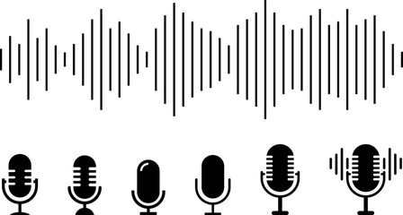 Podcast sound waves collection. Voice message for social media app. Equalizer template, voice microphone signals, sound wave. Music, podcast, broadcast, UI, audio branding design. Isolated vector set