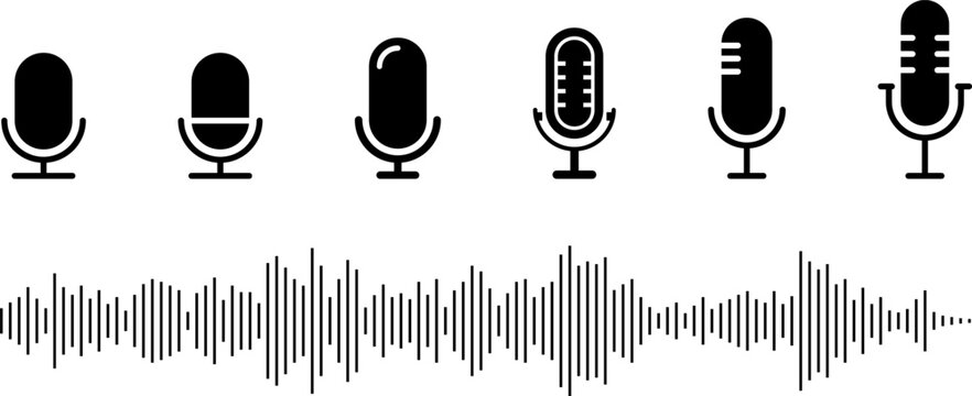 Podcast sound waves collection. Voice message for social media app. Equalizer template, voice microphone signals, sound wave. Music, podcast, broadcast, UI, audio branding design. Isolated vector set