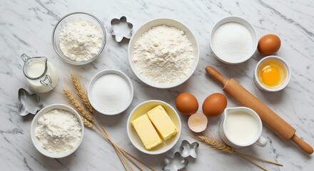 Baking ingredients arranged on marble surface