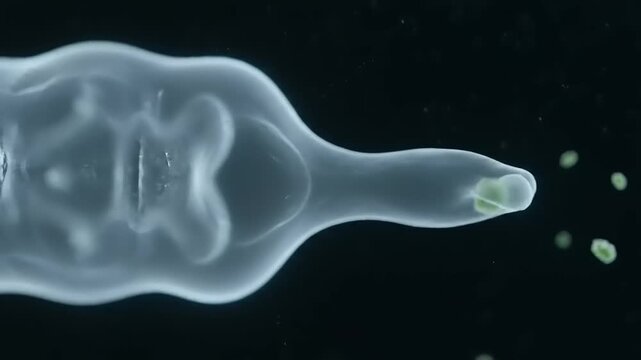 Microscopic View of Amoeba Engulfing Green Particles Through Phagocytosis on Dark Background