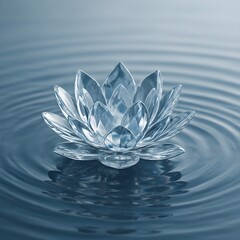 A gem-like lotus of translucent glass gently unfurls its layered petals above a calm, mirror-like pool; soft ripples catch iridescent highlights as the sculpture radiates a serene, luxurious stillness