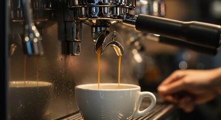 Espresso machine extracting coffee into cup