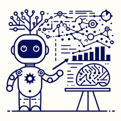 Monochrome contour illustration of AI mascot giving presentation, featuring abstract charts and neural links