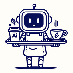 Black and white minimalist vector line art of AI mascot carrying tray with coffee cups in coworking café