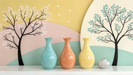 Colorful ceramic vases stand elegantly on a white shelf, against a vibrant abstract background showing stylized spring trees and soft pastel tones.