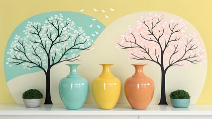 Three vibrant vases are displayed on a white shelf, set against a yellow wall featuring decorative flowering trees and small green plants.