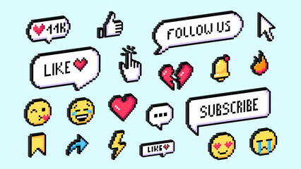 Set of 3d pixel art social media icons. Isometric colorful speech bubbles, likes, emojis, hearts, subscribe button, cursor, fire, various reaction symbols. Isolated vector illustrations, retro style.