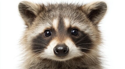Fototapeta premium A raccoon displays its characteristic facial markings and fluffy fur while gazing directly at the viewer, showcasing its curious and playful nature.