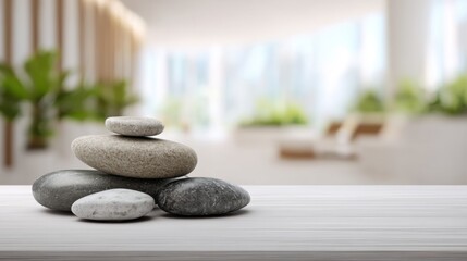 A stack of smooth, balanced stones rests on a wooden table in a calming indoor space. Soft light filters through large windows, enhancing the peaceful atmosphere.