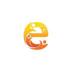 A vibrant, stylized letter "e" , featuring a circular design with warm orange and yellow gradients, depicting interconnected stylized shapes.