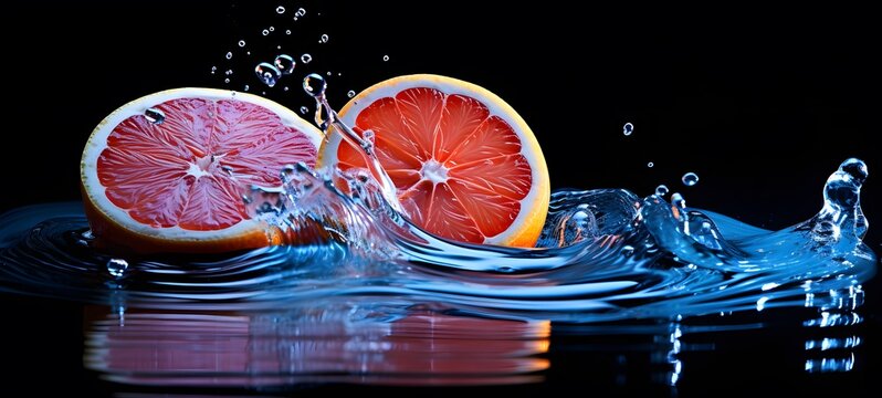 The black background contrasts sharply with the bright blue silver light emitted by grapefruit,generative AI