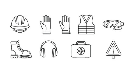 Safety Gear Icons Construction Worker Protection Line Art
