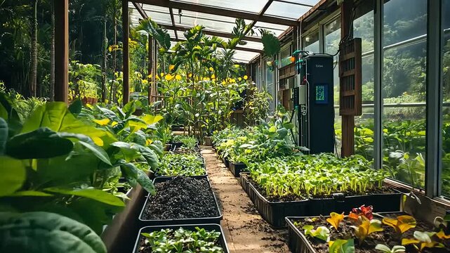 Lush greenhouse filled with vibrant plants and seedlings, showcasing a thriving indoor garden