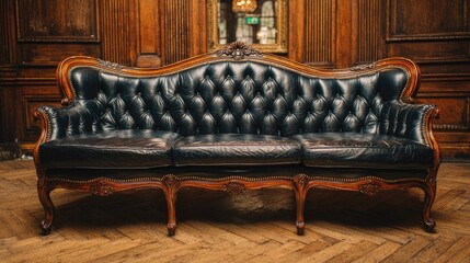 Ornate dark leather sofa with wooden frame in a room with wooden paneling.