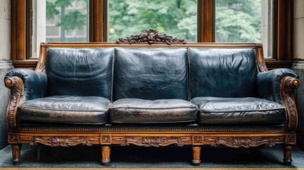 Ornate wooden couch with dark blue leather upholstery.