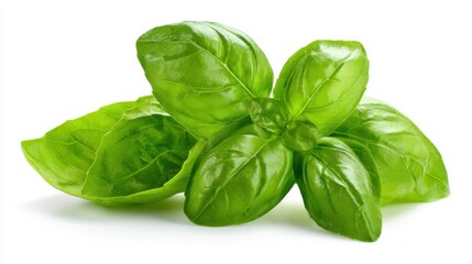 Obraz premium A cluster of fresh green basil leaves showcases their glossy texture and rich color. The leaves are arranged attractively, emphasizing their freshness and culinary potential.