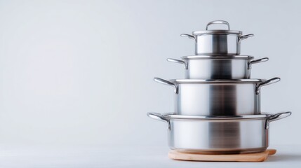 Stainless steel pots and pans are arranged in a neat stack on a wooden board. The minimalist kitchen environment focuses on the pots, creating an elegant, modern look.