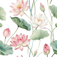 Watercolor seamless pattern with pink and white lotus flowers on white