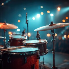 Drum kit on concert stage with lights in background