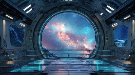 A breathtaking cosmic panorama is visible from a high-tech space station, showcasing a colorful galaxy lit by stars. The spacious interior features sleek metallic design and large windows.
