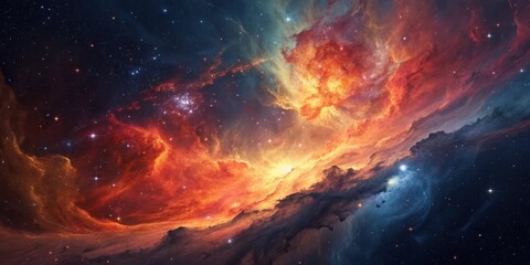 A vibrant nebula with orange and blue hues scattered across a starry expanse view