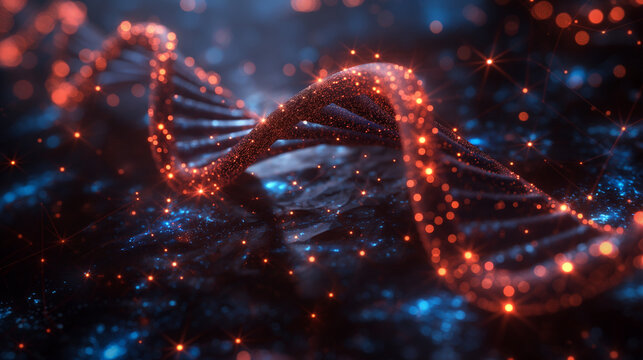 Futuristic glowing DNA strand in digital space - Powered by Adobe