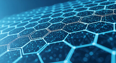 Abstract blue network background with connecting lines and dots on a hexagonal grid for science and technology concepts