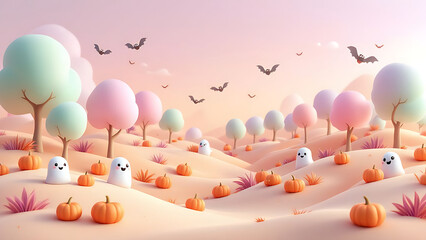 Enchanting Pastel Halloween Landscape with Cute Ghosts and Pumpkins Under a Twilight Sky with Flying Bats