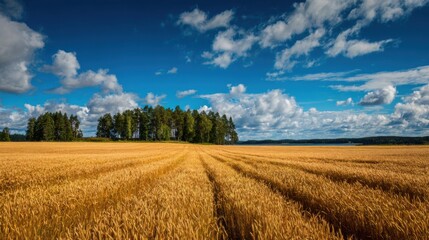Obraz premium Expansive golden wheat field stretches across the landscape, bordered by lush green trees under a vibrant blue sky filled with fluffy white clouds during a sunny day.