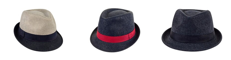 Collection of three fedora hats with transparent background