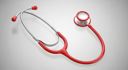 Red stethoscope on a white background used for medical checkups and healthcare diagnostics in hospitals and clinics for doctors and nurses
