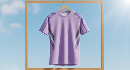 Modern athletic fashion concept showcasing a lavender performance t-shirt hanging in a minimalist wooden frame against a summer sky