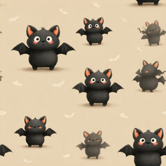 Cute Cartoon Bat Seamless Pattern on Beige Background. Halloween Design.