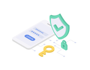 ログインとセキュリティを表すスマホ画面のベクターイラスト（アイソメトリック） © Keyglad