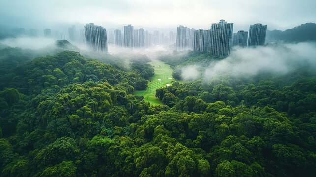 Lush golf course nestled in a valley, shrouded in mist, with city skyscrapers in the distance