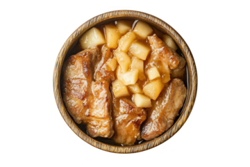 Delicious pork chops with applesauce in wooden bowl, gourmet meal, food photography, culinary art, restaurant dish, isolated on transparent background