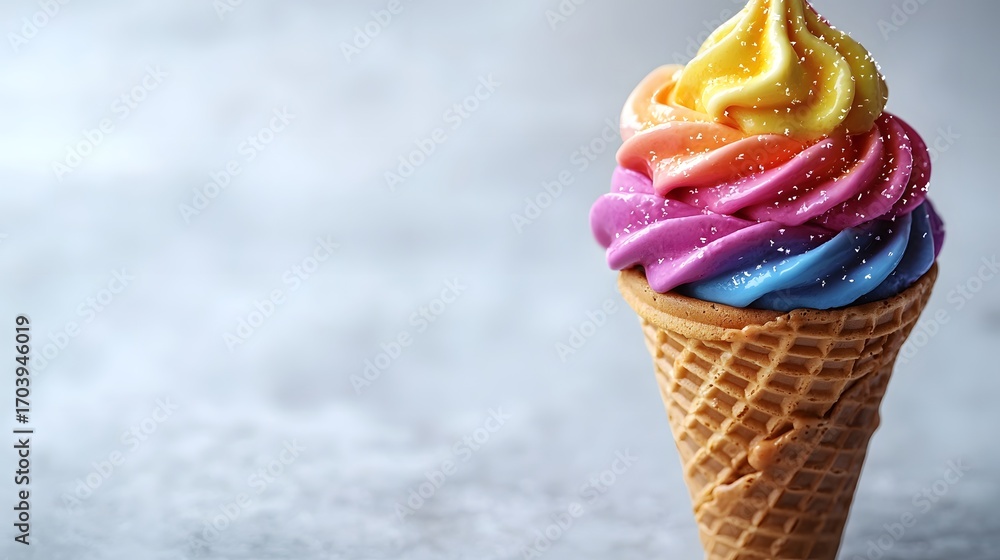 Poster rainbow ice cream cone with colorful swirls and sprinkles on a textured background