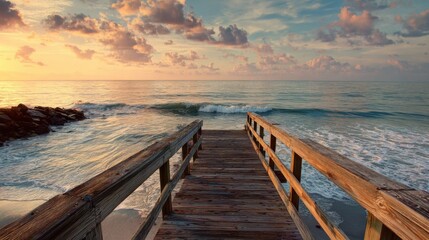 Fototapeta premium A serene wooden pier stretches into calm waters as the sun sets on the horizon. The sky is adorned with soft clouds reflecting hues of orange and pink while waves lap gently against the shore.