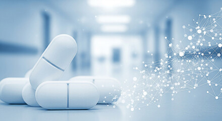 White pills with a network graphic overlay representing medical technology and pharmaceutical innovation for healthcare solutions and research