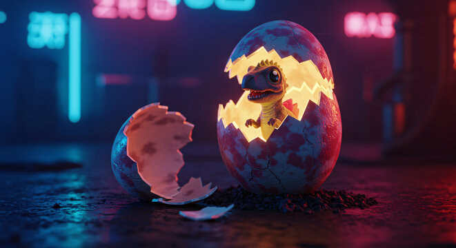 Cyberpunk Baby Dino Hatching from Egg Neon Glow