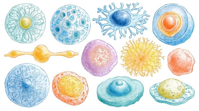 Colorful Hand-Drawn Illustrations of Various Cells Showcasing Their Unique Structures and Characteristics From a Biological Perspective