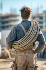 Fototapeta premium Portrait of plumber holding coiled hose over shoulder, sunlight and construction site background