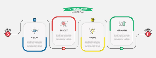 Infographic timeline 4 step business process with vision, target, value and growth modern infographic design template for presentation vector illustration.