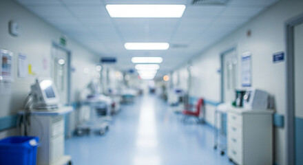 Blurred hospital hallway with medical equipment and beds suggesting a sense of urgency and healthcare environment during a medical crisis