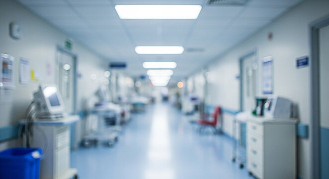 Blurred hospital hallway with medical equipment and beds suggesting a sense of urgency and healthcare environment during a medical crisis