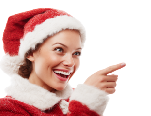 young woman in santa hat isolated on transparent background